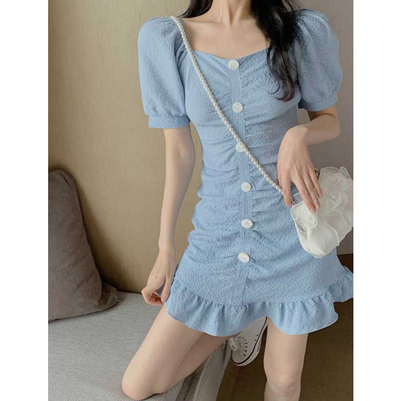 2021 Summer new women's dress Large size Shoulder Bubble sleeves Dress Temperament goddess Fan clothes fishtail Ocean dress