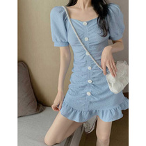 2021 summer new womens plus size shoulder bubble sleeve skirt temperament goddess fan dress fishtail dress