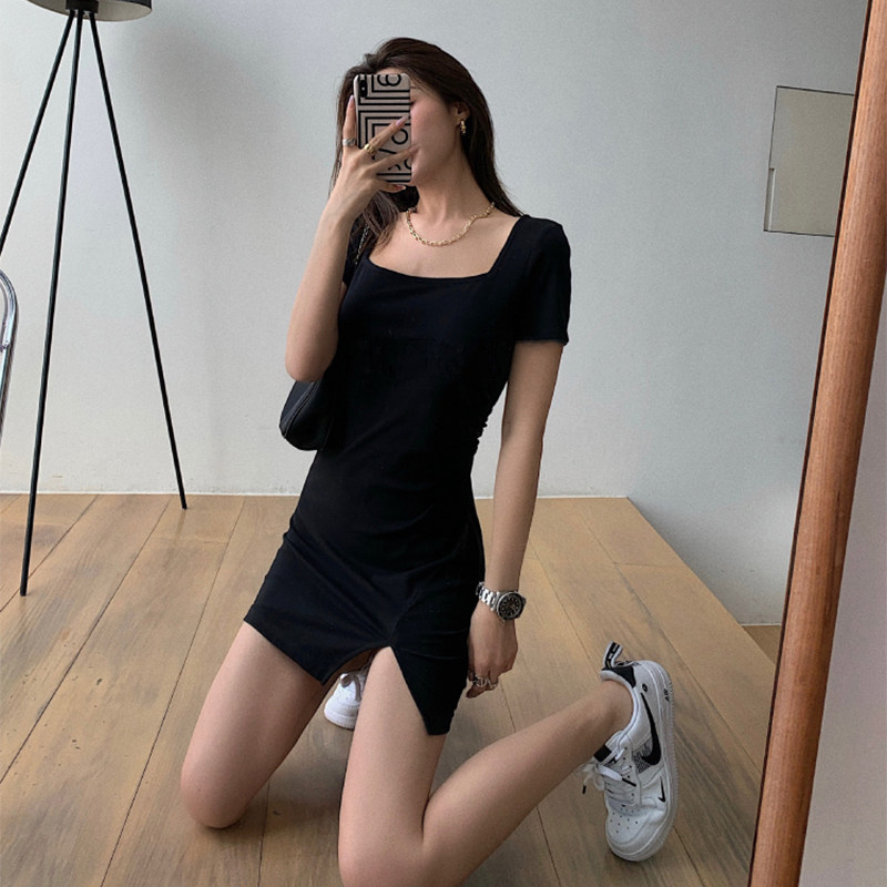 2021 summer new women's dress big size black irregular close-up waist dress temperament Goddess Van Clothing sashimi