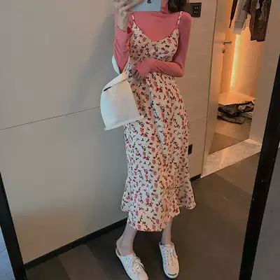 Spring 2020 women's sling goddess fan clothes skirt floral two-piece suit small air fragrance dress