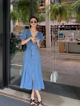 2020 summer dress new womens large size denim long skirt temperament goddess fan clothes bubble sleeve dress