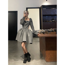 Fa-style square collar grey Slim Fit Dress Bubble Cuff Retro 2021 Early Spring Dress New Spring Dress Spring