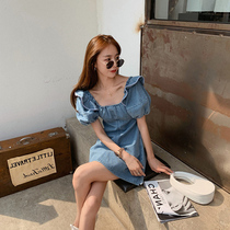 2020 Summer new womens size small fragrance temperament wind goddess fan dress skirt bubble sleeve denim dress
