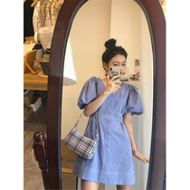 2020 Summer new womens large size blue bubble sleeve skirt temperament goddess fan clothes slim waist dress