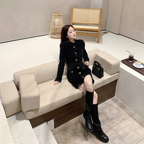 Herbenwind beating bottom small black dress French style collection waist display slim temperament plush one-piece dress womens clothing autumn and winter 2020 new