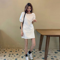 2021 summer new womens size white bubble sleeve skirt temperament French niche slim waist dress