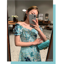 2020 Summer new womens large size thin bubble sleeve skirt temperament goddess fan clothes shoulder dress