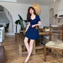 2020 Summer new womens plus size blue bubble sleeve skirt temperament goddess fan dress girl style dress