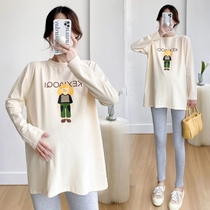 Maternity wear pure cotton long-sleeved T-shirt for women spring and autumn large size 200 pounds fat mm medium-length round neck printed casual bottoming shirt