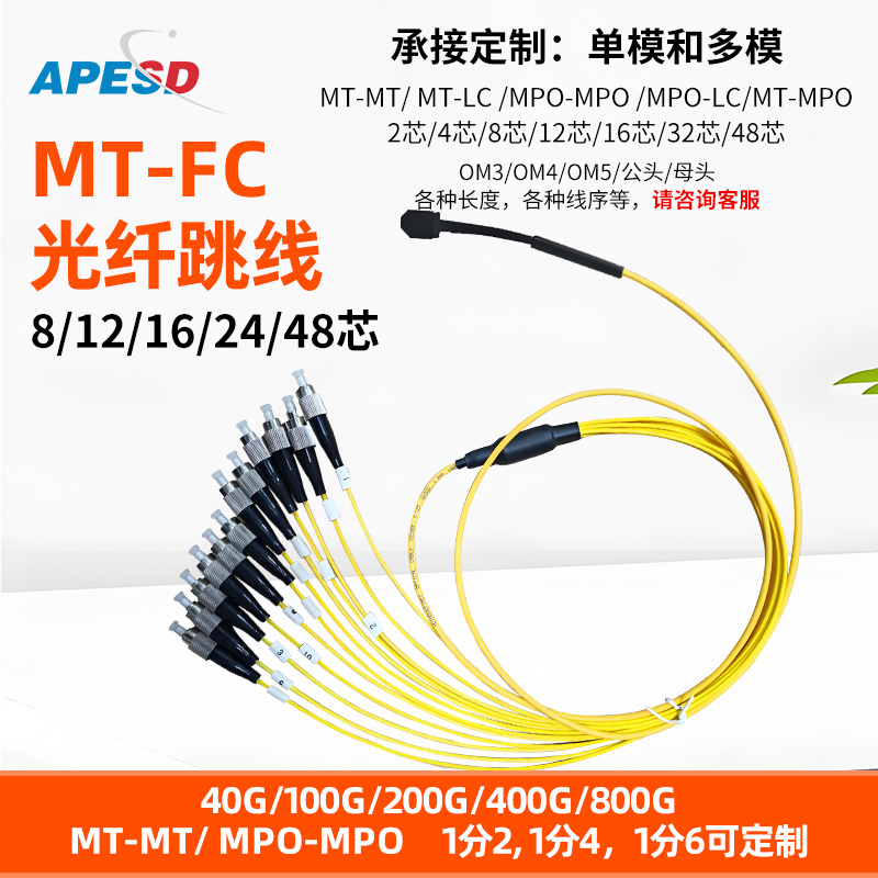 Apesd Single-Mode Mpo/Mt to Fc Fiber Optic Patch Cord 8-Core 12-Core 16-Core 24-Core Mpo-Fc Patch Cord Multi-Mode Om3/Om4/Mpo/Apc/Upc Patch Cord Mt Spring