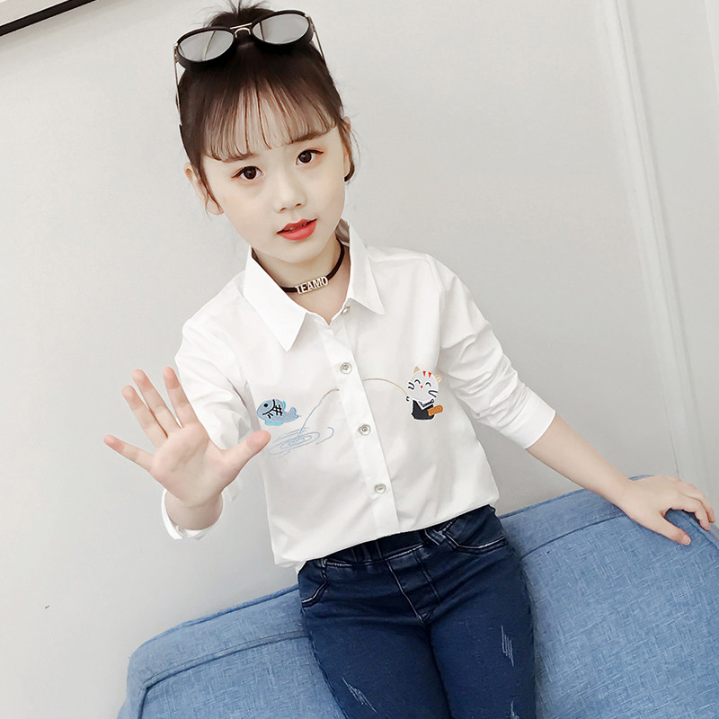 Girl White Shirt Long Sleeve Pure Cotton Child Flower Boy White Shirt CUHK Child Primary School Uniform Jacket Spring Autumn