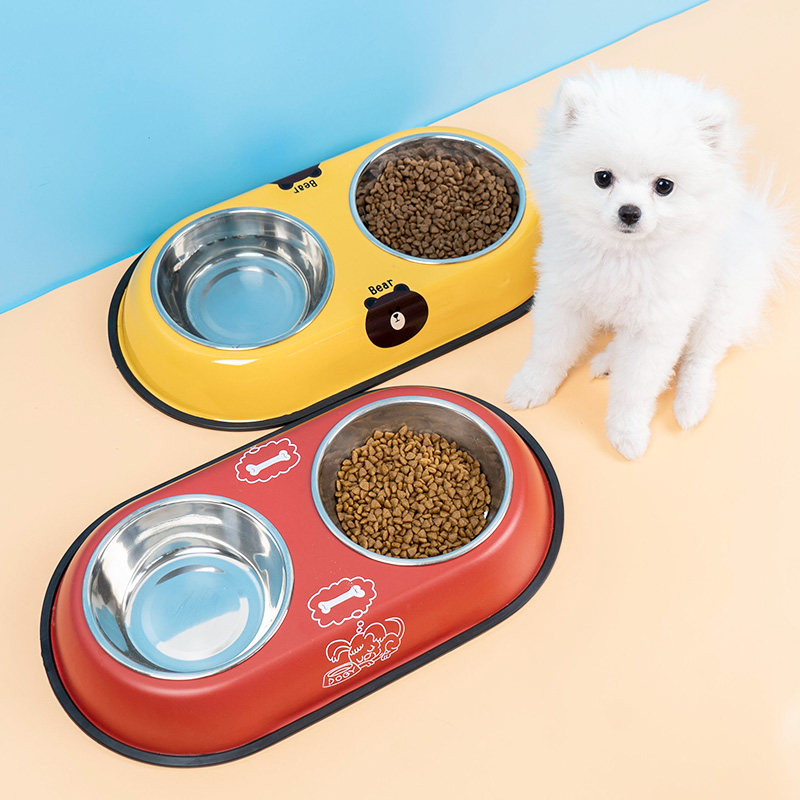 Dog Bowl Cat Bowl Cute Double Bowl Automatic Drinking Water Basin Dog Food Basin Kitty Anti-Roll Protection Cervical Spine Pet Supplies