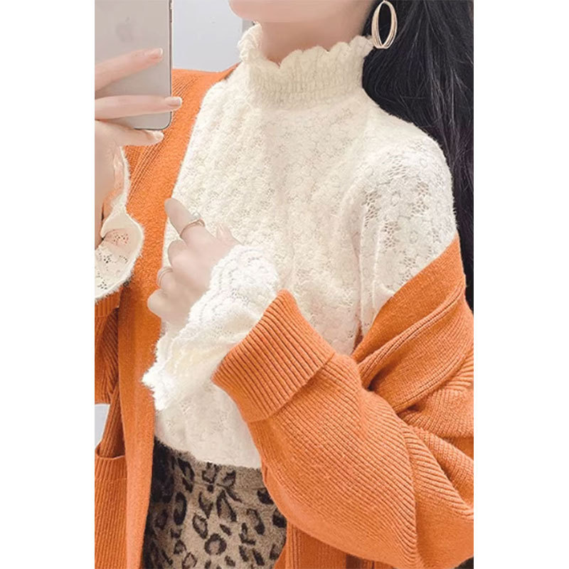 Half-High Collar Lace Base Shirt for Women, Paired with a Sweater, Small Top for Autumn and Winter, Fleece-Lined and Thickened, Bell-Sleeve Mesh Top Half-High Collar Lace Base Shirt for Women, Paired with a Sweater, Small Top for Autumn and Winter, Fleece-Lined and Thickened, Bell-Sleeve Mesh Top