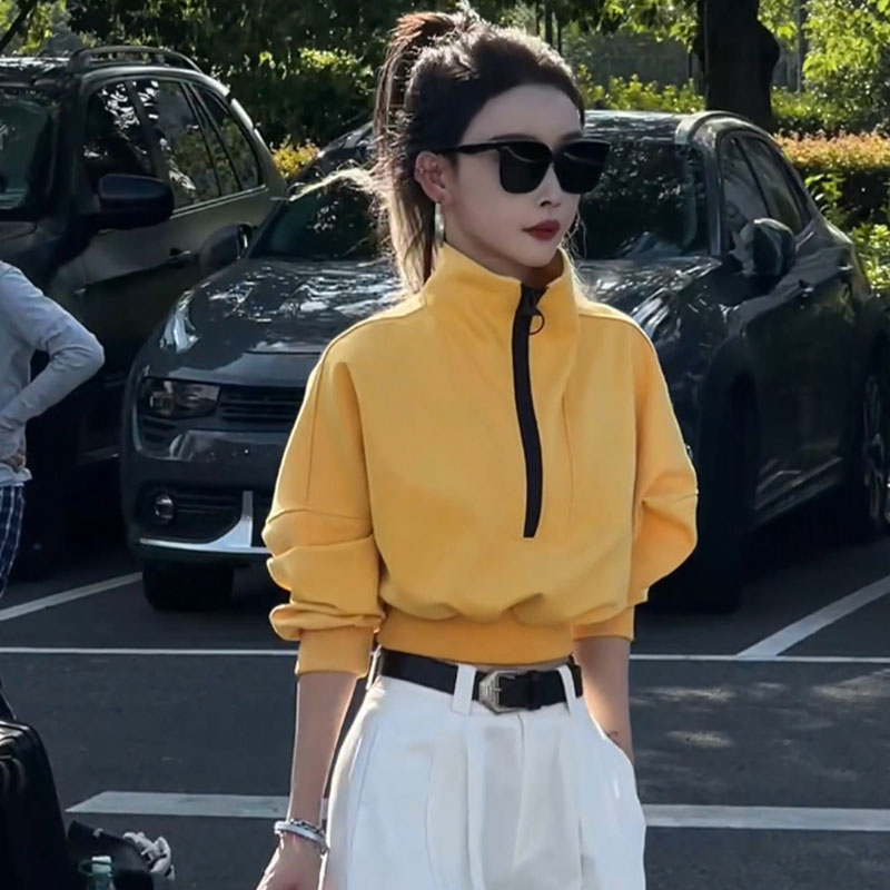 アメリカンスタイルのハーフジップスタンドカラーセータージャケット。小柄な女性用。春と秋スタイルのハイカラー、ハイウエスト、ショートスタイルのスタイリッシュなウエストトップ。