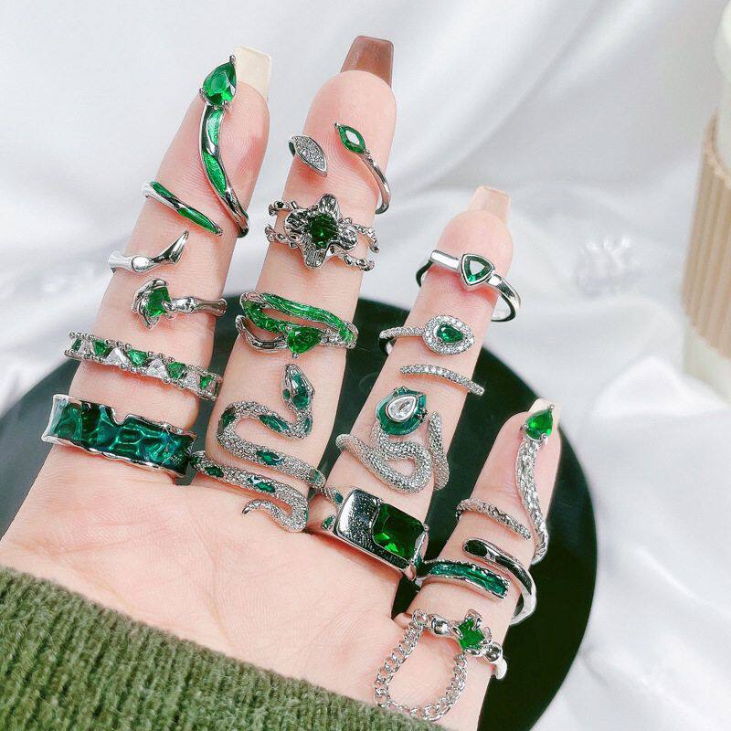 Ins niche design sense ring for women retro green zircon drop glaze temperament cold style fashionable trendy finger ring