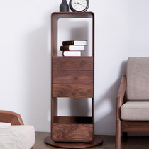 Nordic full solid wood bookcase minimalist modern living room sofa Swivel Side Cabinet Black Walnuts Wood Creative Ground Shelf