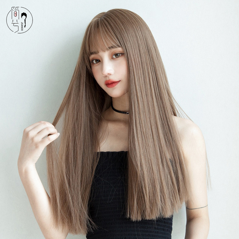 Jianxi mid-length hair wig female natural lifelike air bangs long straight hair fashion face-shaving full-head wig set