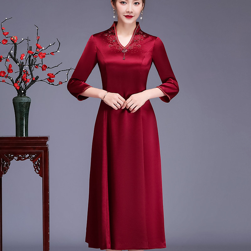 Acetate satin mother dress wedding cheongsam dress improved wedding noble dress mother happy mother-in-law cheongsam dress spring
