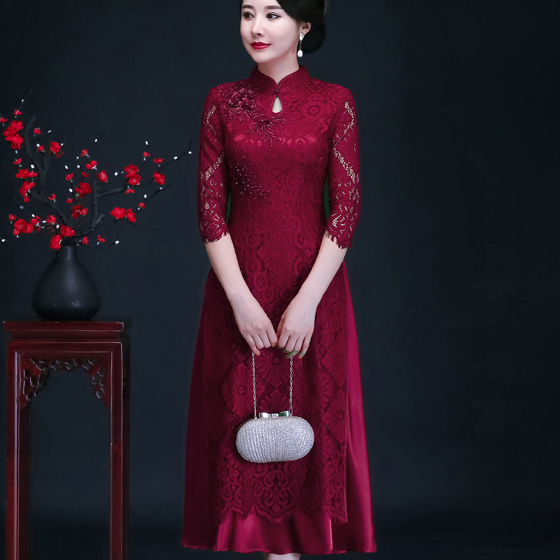 Aodai mother dress wedding cheongsam dress improved lace mid-length version red wedding dress dress happy mother-in-law cheongsam
