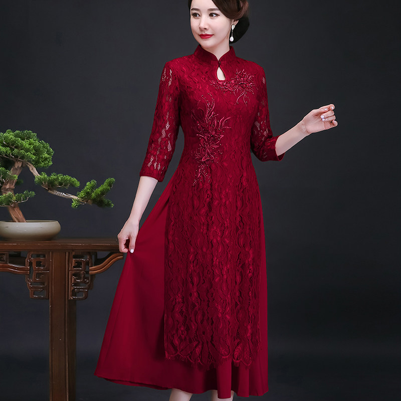 Audrey lace cheongsam mother dress wedding banquet bone erosion improved children married red wedding dress hi mother-in-law cheongsam skirt