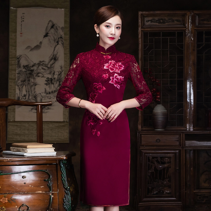 Silk Mother Dress Wedding Banquet Cheongsam Dress Retro Improved Wine Red Wedding Dress Long Edition