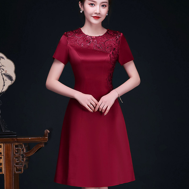 Mother silk cheongsam dress wedding banquet mother wine red modified noble dress mother-in-law wedding dress summer