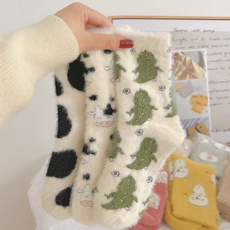 Autumn Winter Warm Water Mink Suede Socks Children Dairy Cows Spots Home Cute Midtubes Socks Winter Thickened Floor Socks Sleep-Taobao