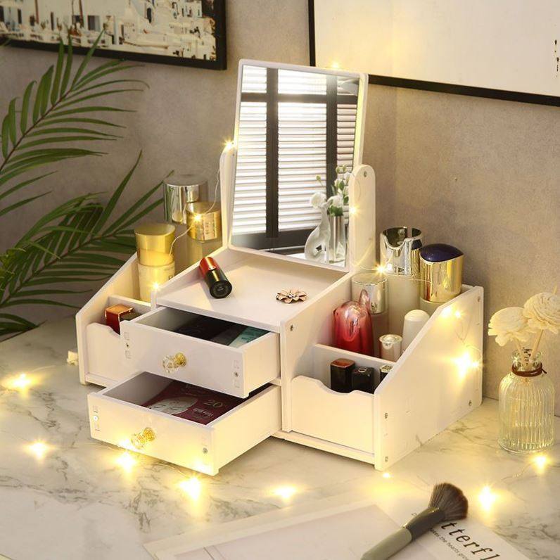 Cosmetic mirror desktop to include cosmetic box drawer jewelry skin care facial with mirror desktop finishing box
