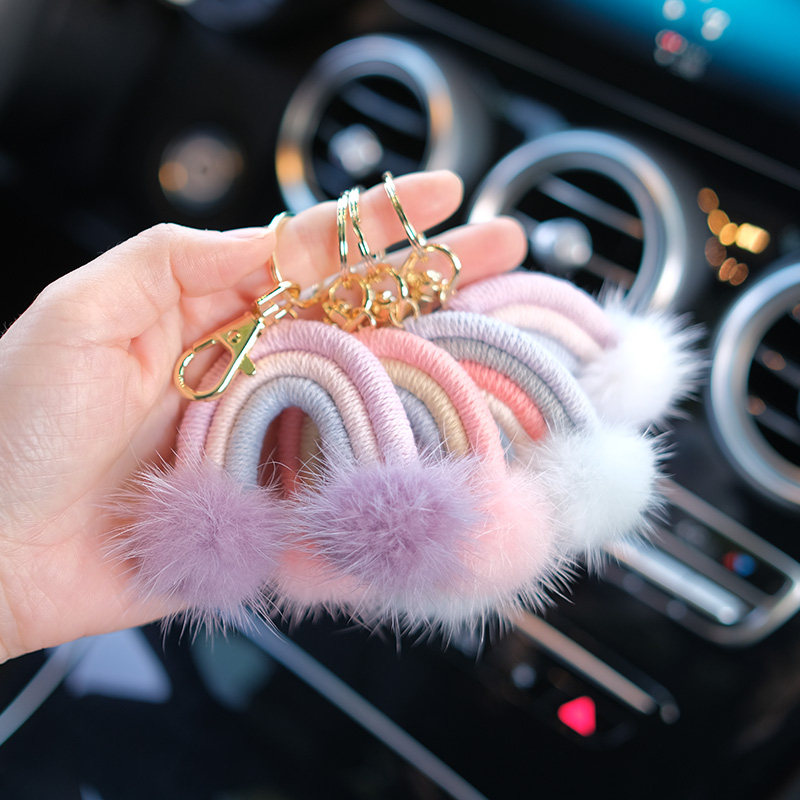 High Gear Mink Fur Rainbow Car Key Buckle Pendant Korea Ins Nets Red Plush Book Bag Hanging Accessories Gift Women