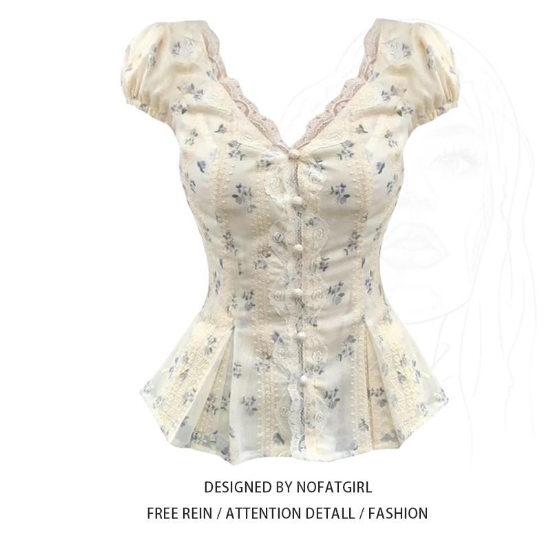 Plus-Size French-Style Elegant V-Neck Lace-Trimmed Waist-Cinching Shirt for Women, Unique and Stunning Top Plus-Size French-Style Elegant V-Neck Lace-Trimmed Waist-Cinching Shirt for Women, Unique and Stunning Top