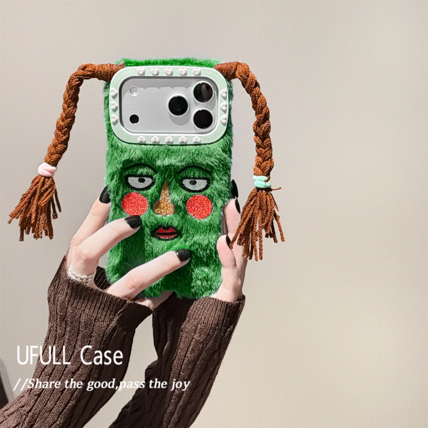 UFULL :) Suitable for quirky cartoon braided girls, iPhone 18 Pro Max, Apple 17 Pro phone case, 12 Pro autumn/winter 16/15 winter 14 fluffy 11 plush 13 shockproof soft case