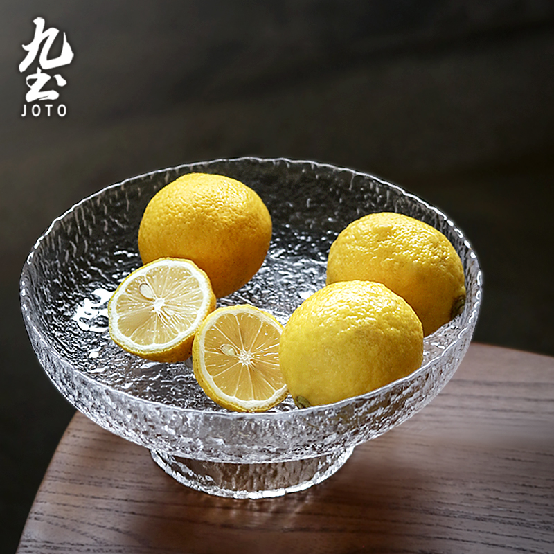 Jiutu Glass Fruit Plate Household High Foot Plate Japanese Refreshment Dessert Plate Living Room Coffee Table Snacks Dessert Candy Plate
