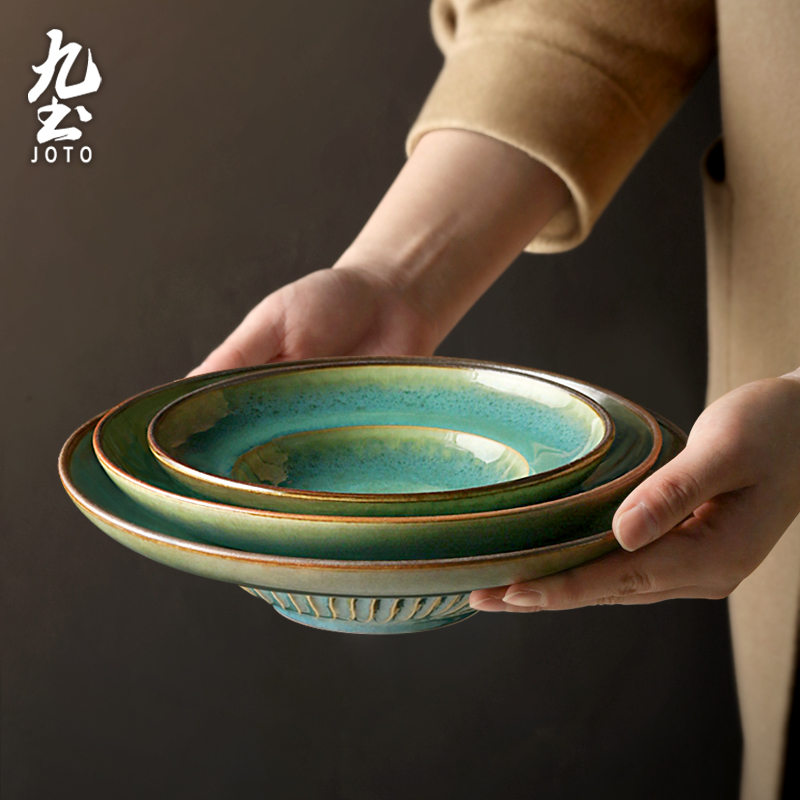 Nine-earth-Japanese-style handmade dinner plate creative retro Western food pasta dishes deep disc soup pan dish dishes Ceramic Household Food-Taobao