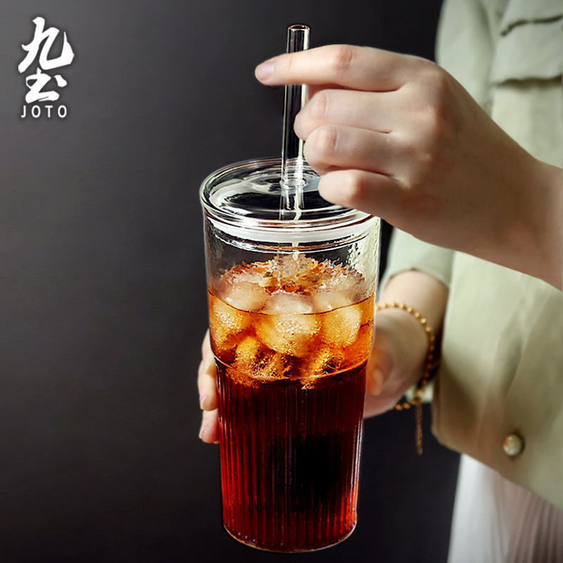 Ins wind glass straw cup with lid large capacity thickened hot water resistant cup high-value girl coffee milk tea drinking cup