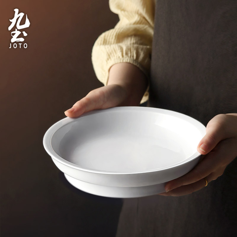 Jiutu Handmade Japanese Ceramic Dinner Plate Retro Round Flat Plate Household Fruit Plate Food Utensil Kung Fu Tea Brewing Tea Plate Pot Bearing