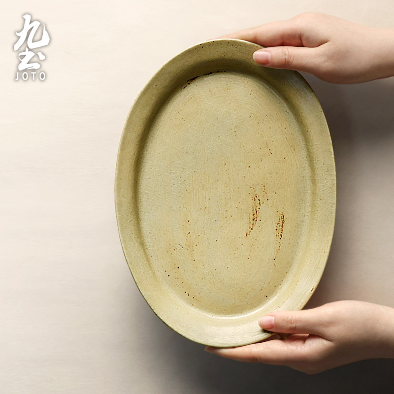 Nine Earth Retro Coarse Pottery Dinner Plate Day Style Hand Oval Disc Long Disc Deep Disc Fish Dish Dish Plate Creative Household Eater-Taobao