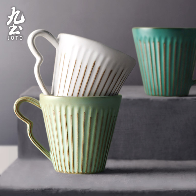 Jiutu Japanese-style rough pottery handmade mug retro striped kiln hand-made coffee cup personality couple water cup home