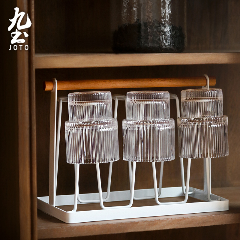 Jiutu home simple white iron cup holder wooden handle water cup drain rack home kitchen rack storage rack