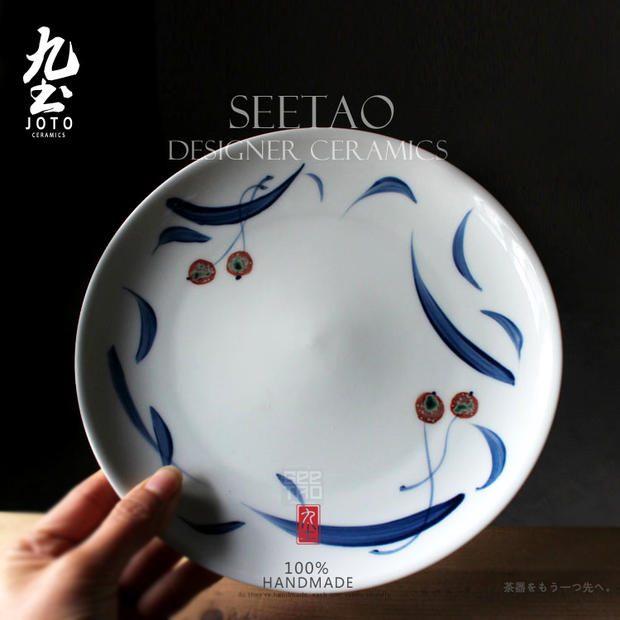 Nine-earth ceramic cutlery hand hand-painted green flower glazed in red cherry dining floral dish Jingdezhen Diddish Dinner Plate
