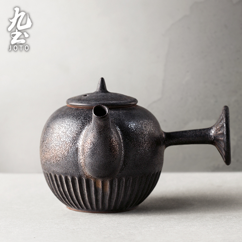 Jiutu Japanese-style gilt side handle pot handmade retro ceramic teapot Pu'er Zen style tea ceremony single pot kung fu tea set