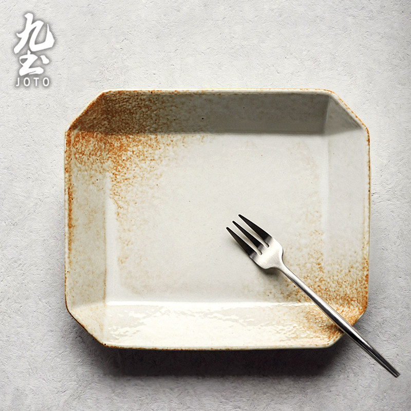 Nine-earth handmade retro dinner plate Japanese style rectangular flat pan minimalist Creative Ceramic Plate Dessert Dish Household Food