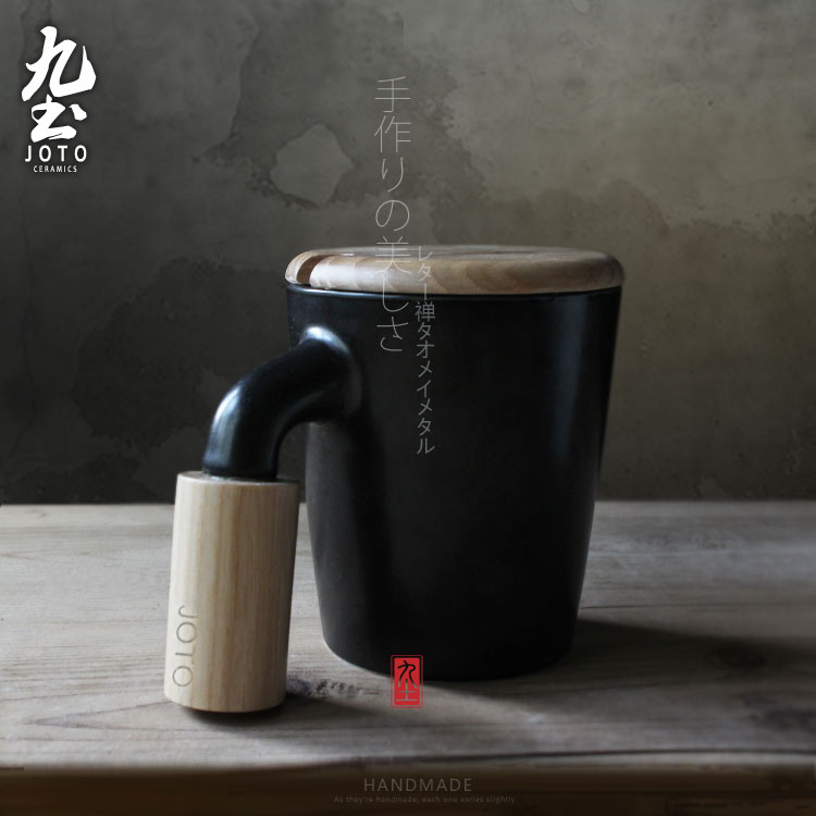 Nine-earth coffee cup minimalist Eurostyle Mark Cup creative couple men and women pair of cup with wood cover spoon white ceramic water glass-Taobao