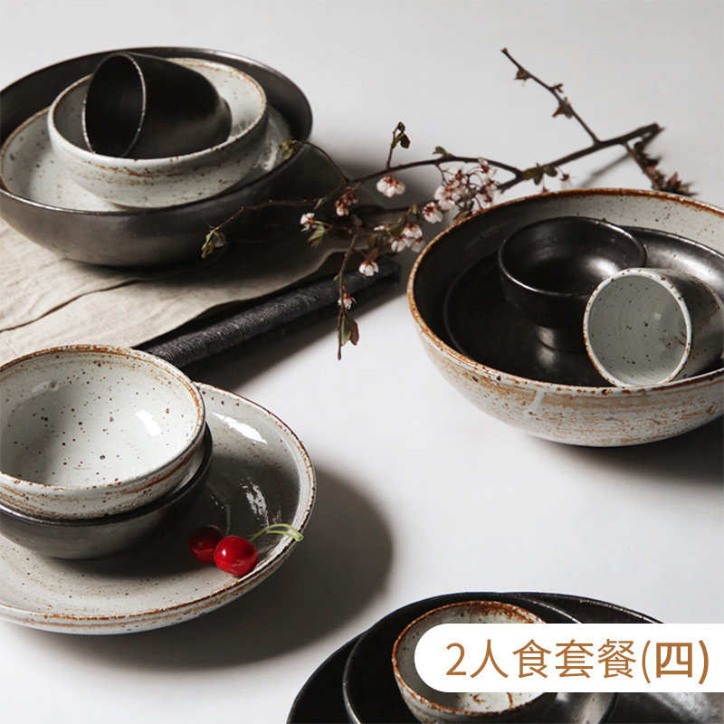 Nine-earth hand-made day style coarse pottery cutlery suit lovers home rice bowls swings pan retro creative Eight-pieces suit-Taobao