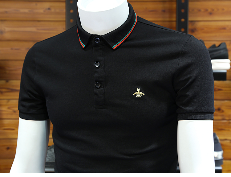 Trạm châu âu nam polo shirt slim ve áo thanh niên làm bóng bông bee thêu kích thước lớn stretch ngắn tay nửa-shirt