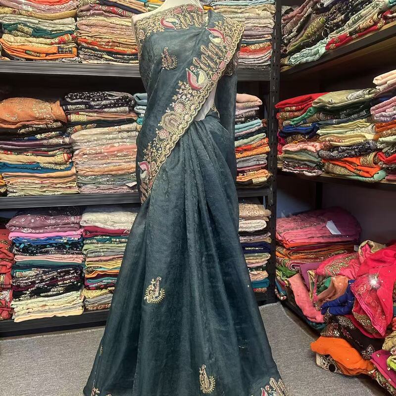 India and Nepal Brand New Heavy Embroidery Silk Dark Blue 6m Large Saree