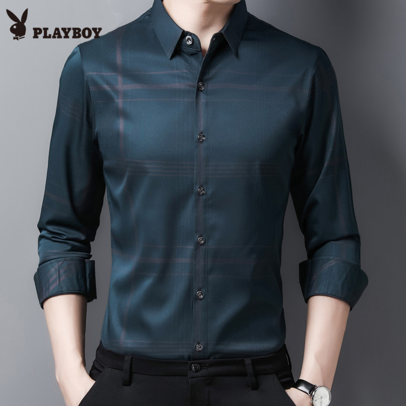 Playboy men's long-sleeved shirt business casual plaid fashion trend handsome middle-aged shirt thin men's clothing