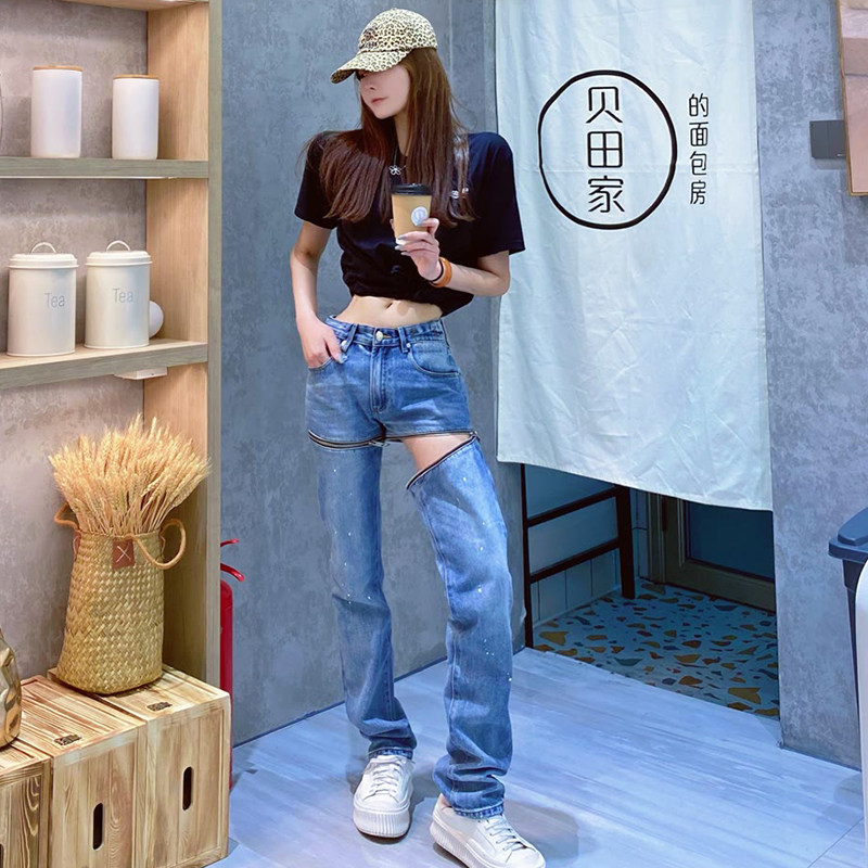 Zipper detachable jeans women's straight loose daddy pants ins tide high street functional wind splicing long shorts