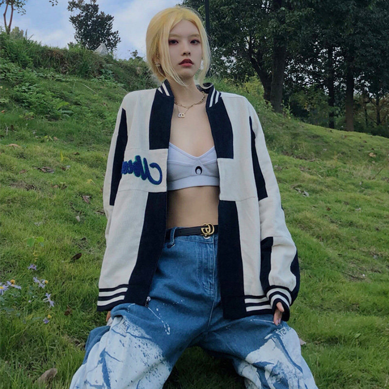 Early spring new loose hip-hop stitching jacket female ins trendy letters retro corduroy baseball jacket couple outfit