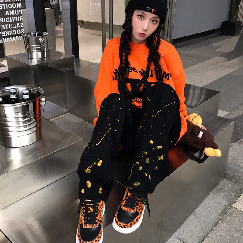 Ink-washed jeans black high-waisted jeans women's trendy brand ins street men's loose straight tube slim cigarette pants