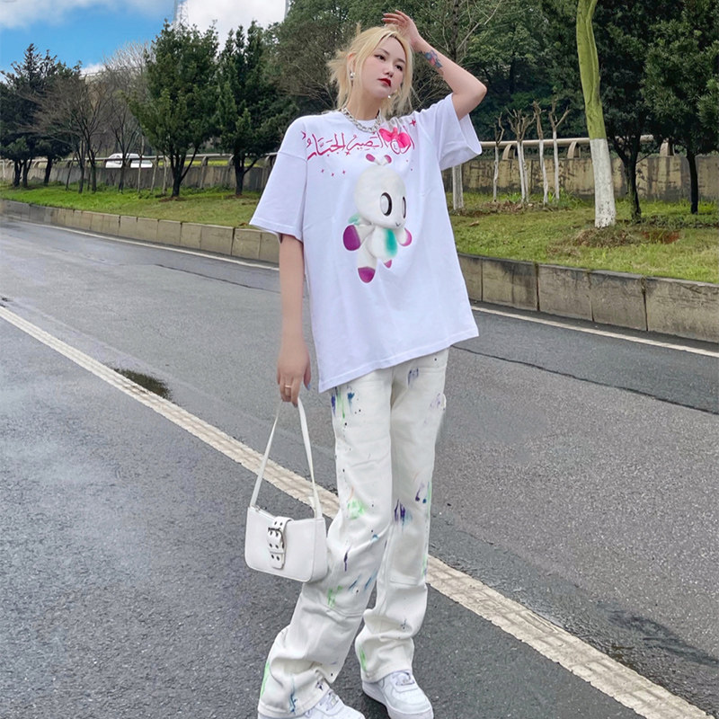 Guochao splash ink wash jeans women's trendy brand ins American street casual straight hip-hop overalls couple tide